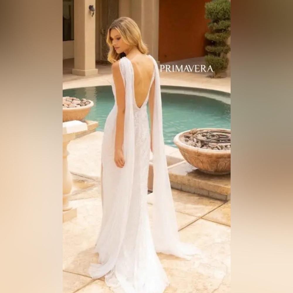 Primavera Beaded Gown with Shoulder Drapes and slit